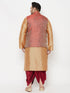 Vastramay PLUS Men's Maroon Nehru Jacket With Rose Gold Kurta And Maroon Dhoti Set